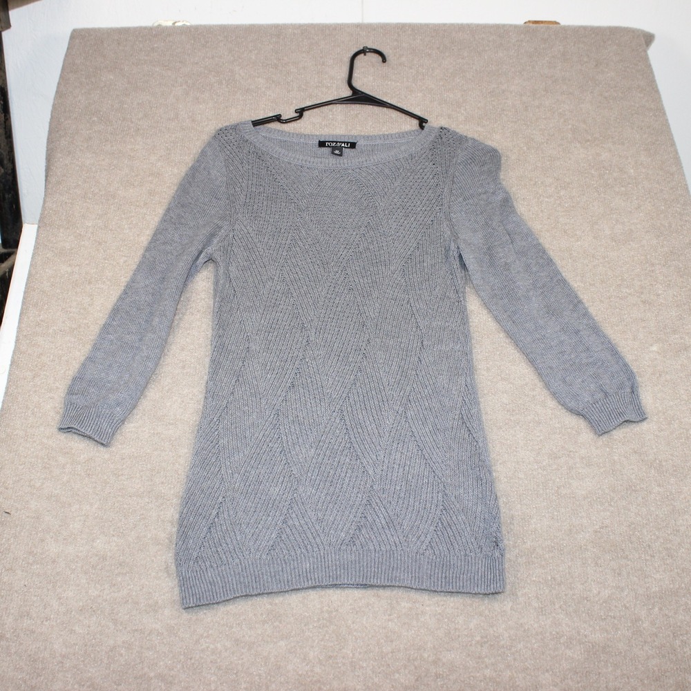 Roz & Ali Womens Grey Diamond Pointelle Knit Sweater 3/4 Sleeve XS